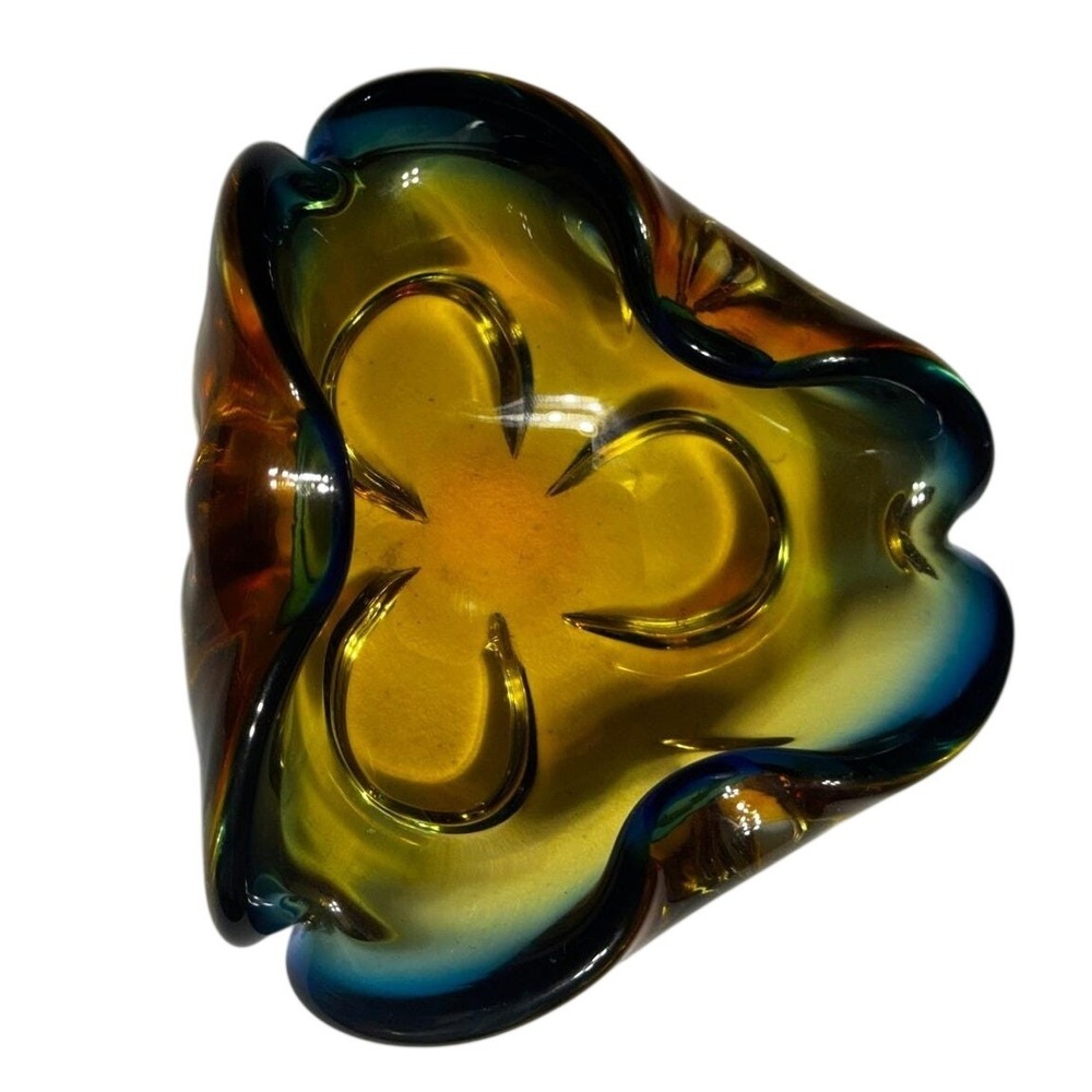 Vintage Murano Art Glass tray‎ Amber Blue Green Sommerso Trinket Dish Catchall